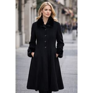 SEARLE BLATT STUDIO Sz 12 Black Cashmere Full-Length Coat Fur Trim Vintage